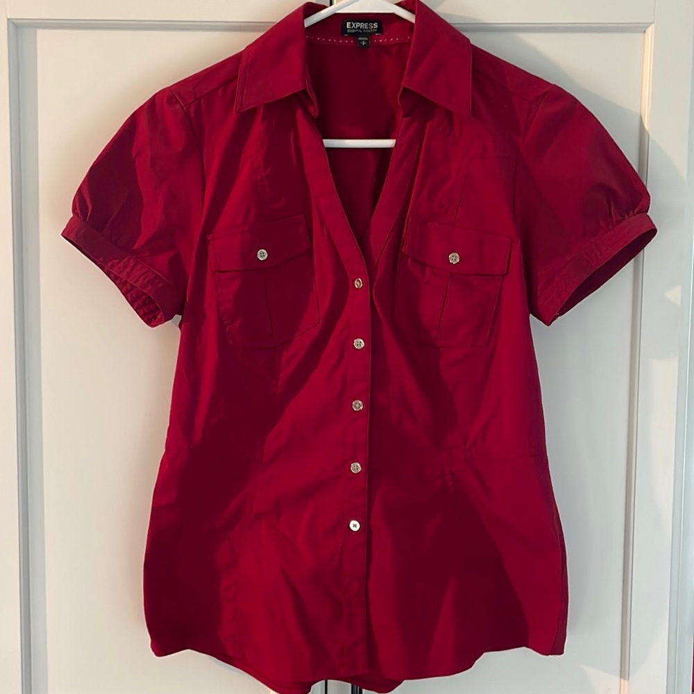 Express slim fit short sleeve button-up, silver buttons
